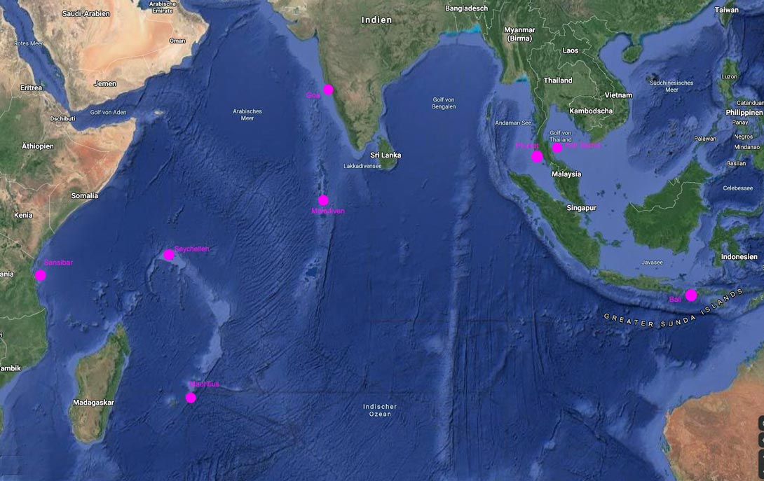 Karte Indischer Ozean mit Urlaubszielen 